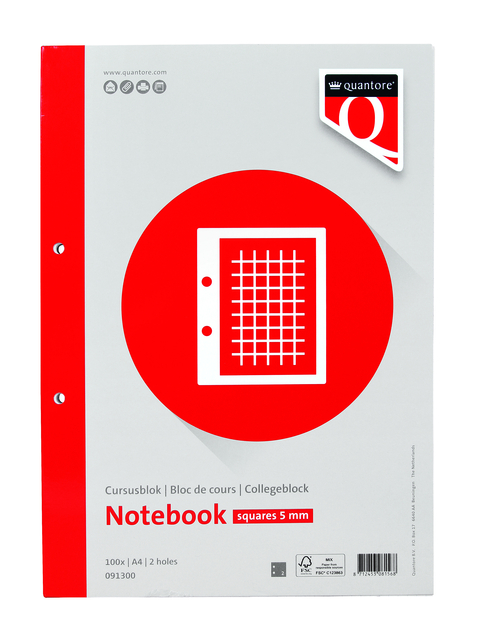 Cursusblok Quantore A4 ruit 5mm met kantlijn 200 pagina's 80gr