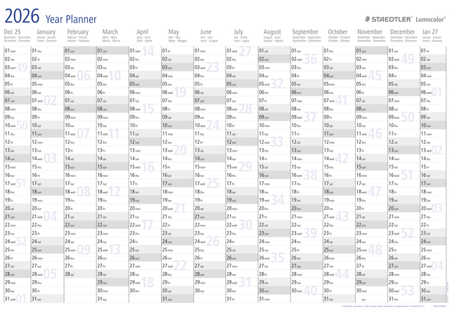 Jaarplanner 2027 Staedtler Lumocolor 84x60cm oprolbaar