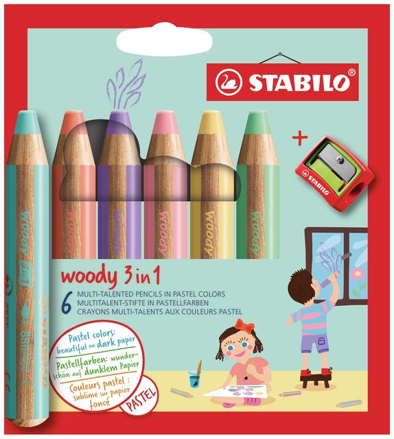 Kleurpotloden STABILO 880 woody inclusief puntenslijper pastel assorti etui à 6 stuks