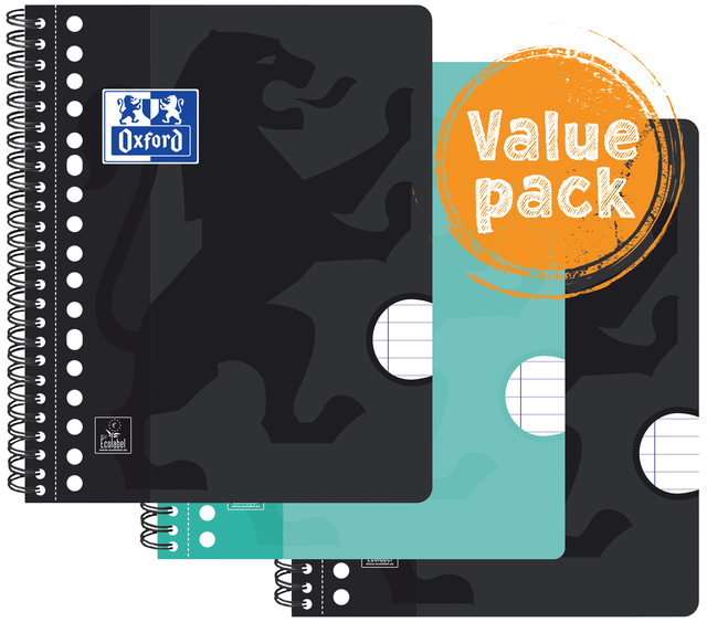 Collegeblok Oxford School A5+ lijn 17-gaats 160 pagina's 80gr voordeelpak assorti 3 stuks
