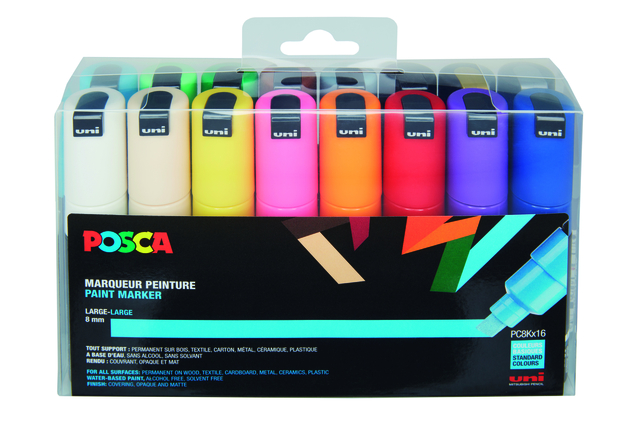 Paintmarker Uni POSCA PC8K breed schuin assorti set à 16 stuks