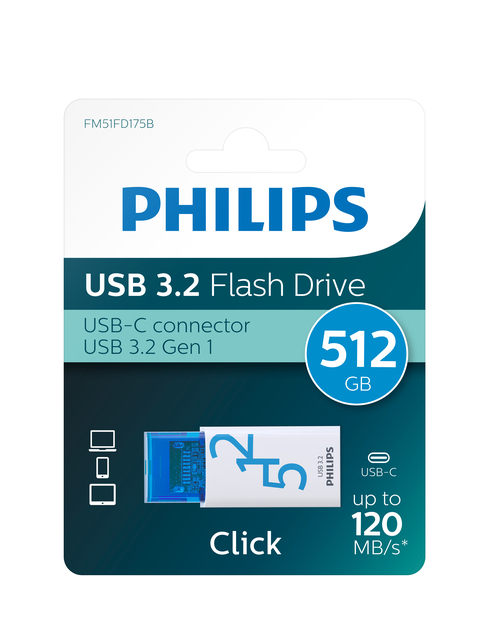 USB stick 3.2 Philips Click USB-C 512GB blauw