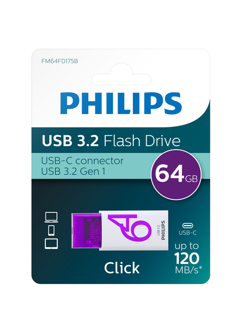 USB stick 3.2 Philips Click USB-C 64GB paars