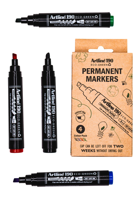 Permanent marker Artline 190  Dry Safe Eco schuin 2-5mm assorti 4 stuks