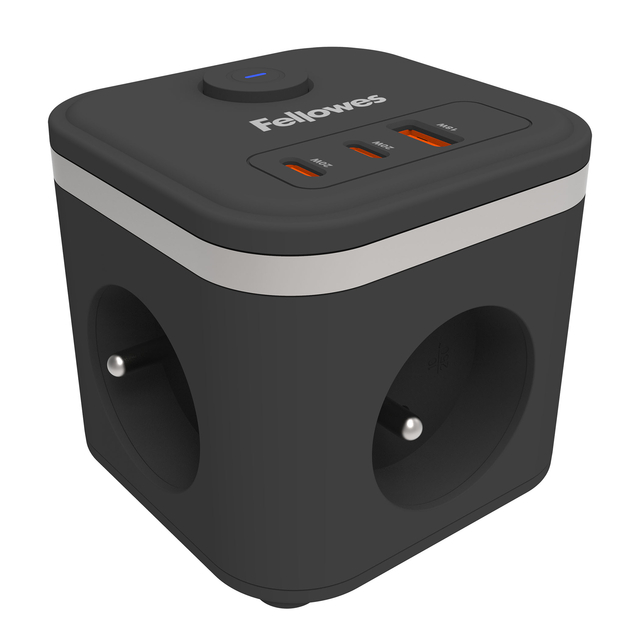 Stekkerblok Fellowes Power Cube E 3vdg 1xUSB A 2xUSB C 2mtr zw FR/BE