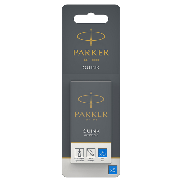 Inktpatroon Parker Quink uitwasbaar blauw blister à 5 stuks