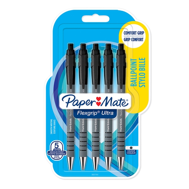 Balpen Paper Mate Flexgrip Ultra medium zwart blister à 5 stuks