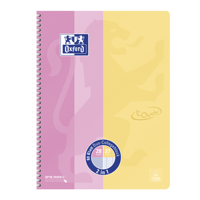 Collegeblok Oxford Touch duo A4+lijn/ruit 5mm 160 pagina's