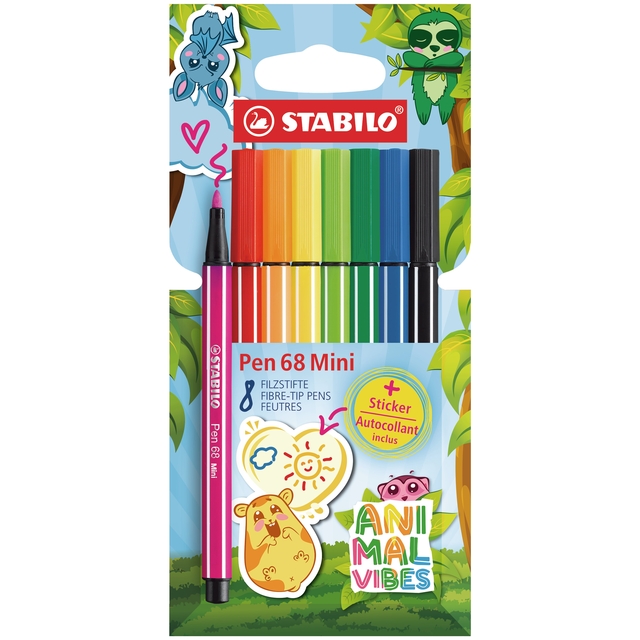 Viltstift STABILO Pen 68 Animal Vibes mini medium assorti blister à 8 stuks