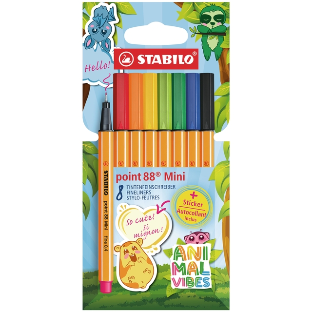 Fineliner STABILO point 88 Animal Vibes mini fijn assorti blister à 8 stuks