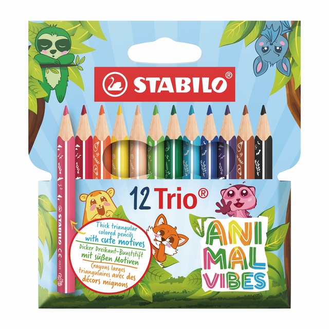 Kleurpotloden STABILO Trio dik Short Animal Vibes mini assorti blister à 12 stuks