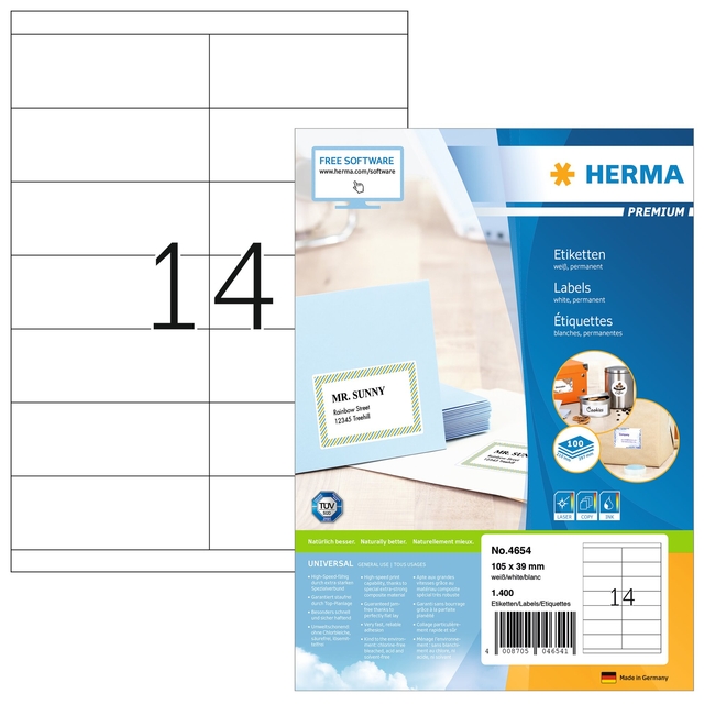 Etiket HERMA 4654 105x39mm premium wit 1400 stuks