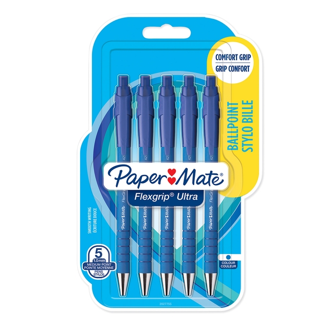 Balpen Paper Mate Flexgrip Ultra medium blauw blister à 5 stuks