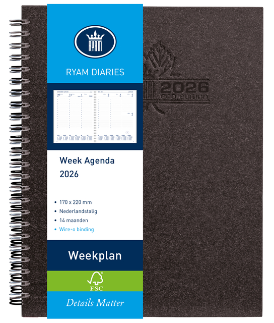 Agenda 2027 Ryam Weekplan Wire-o 7dagen/2pagina's zwart