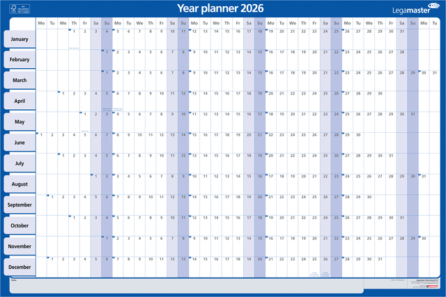 Jaarplanner 2027 Legamaster 90x60cm horizontaal gelamineerd en oprolbaar Engelstalig