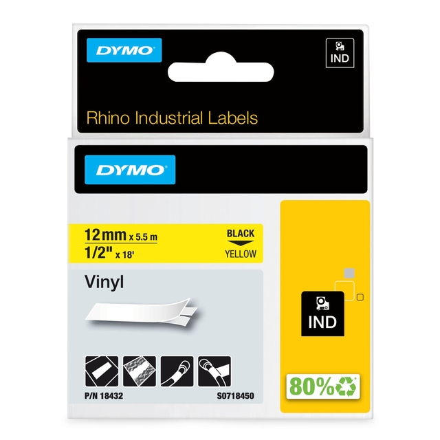 Labeltape Dymo Rhino industrieel vinyl 12mm zwart op geel