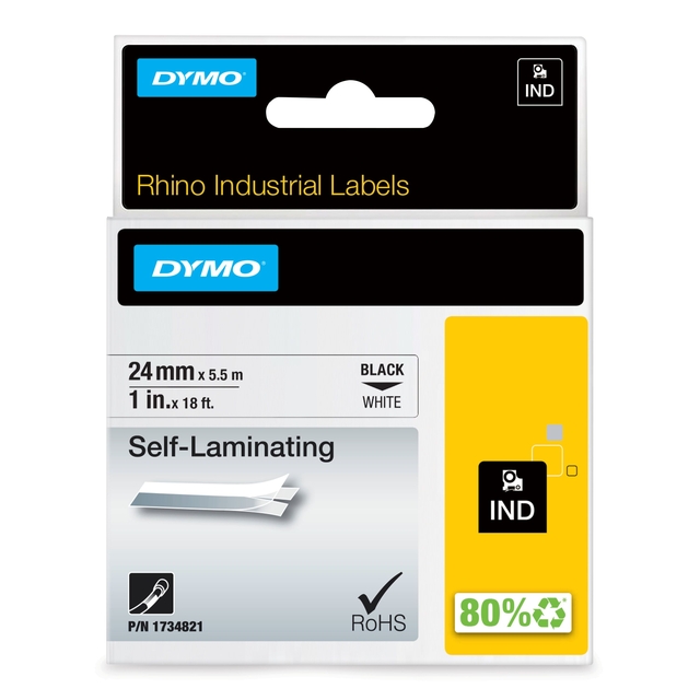 Labeltape Dymo Rhino industrieel zelflaminerend 24mm zwart op wit