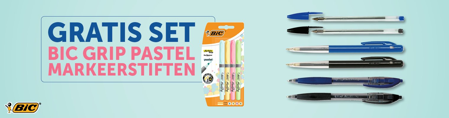 Gratis set Bic grip pastel markeerstiftenbij aankoop van 1 doos à 50 stuks